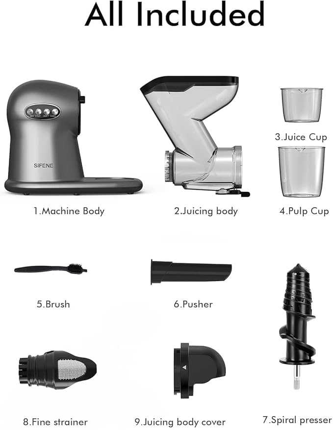 SiFENE Cold Press Juicer, 3” Wide Dual Chute Whole Slow Masticating Juicer Machine with Anti Clog Function for Celery Wheatgrass, Fruit and Vegetable Juice Extractor, Non-BPA, Easy to Clean
