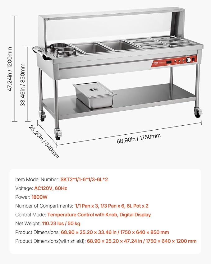 VEVOR Commercial Food Warmer, 8 Pans + 2 Pots Electric Steam Table, 1800W Professional Buffet Catering Food Warmer with Shield Undershelf Wheels, Stainless Steel Server for Party Restaurant