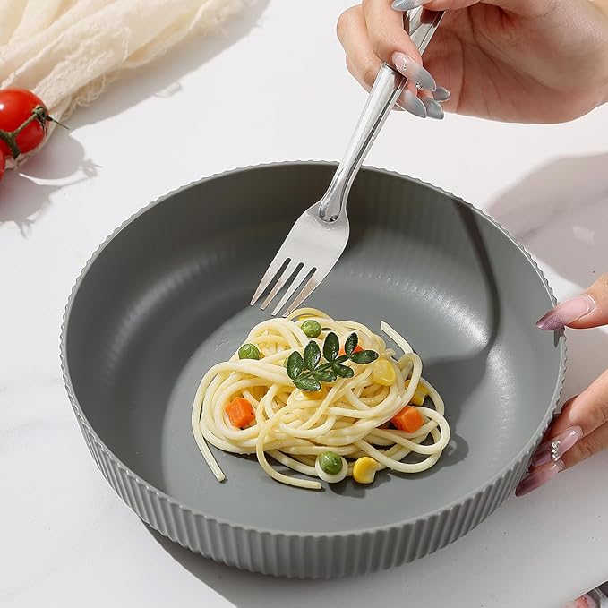 Kyraton Pasta Bowls Set of 4, 37oz Salad Bowls Soup Bowls Large Pasta Serving Bowl Plastic Unbreakable Serving Dishes Dinner Bowls (Grey)