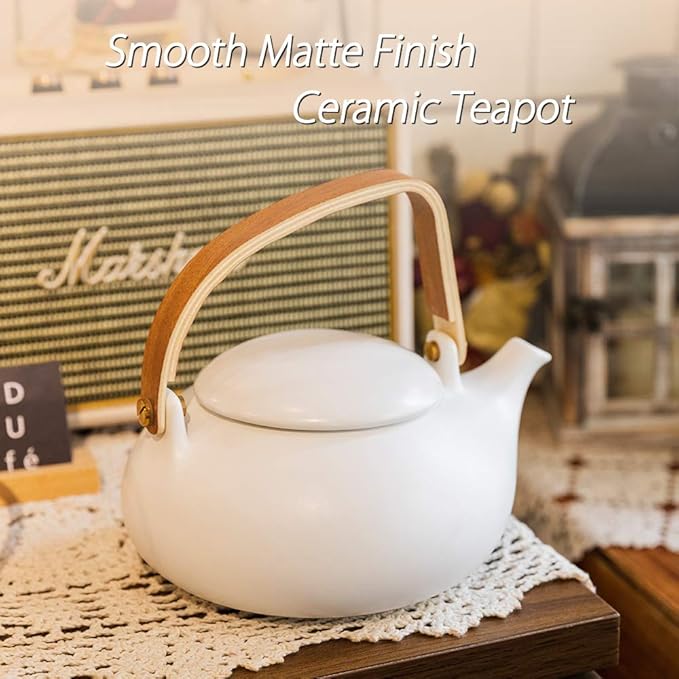 ZENS Teapot with Infuser, Ceramic Japanese 2cup Teapot for Loose Leaf Tea, 800ml Small Matte White Porcelain Tea Pot Gift with Modern Bentwood Handle