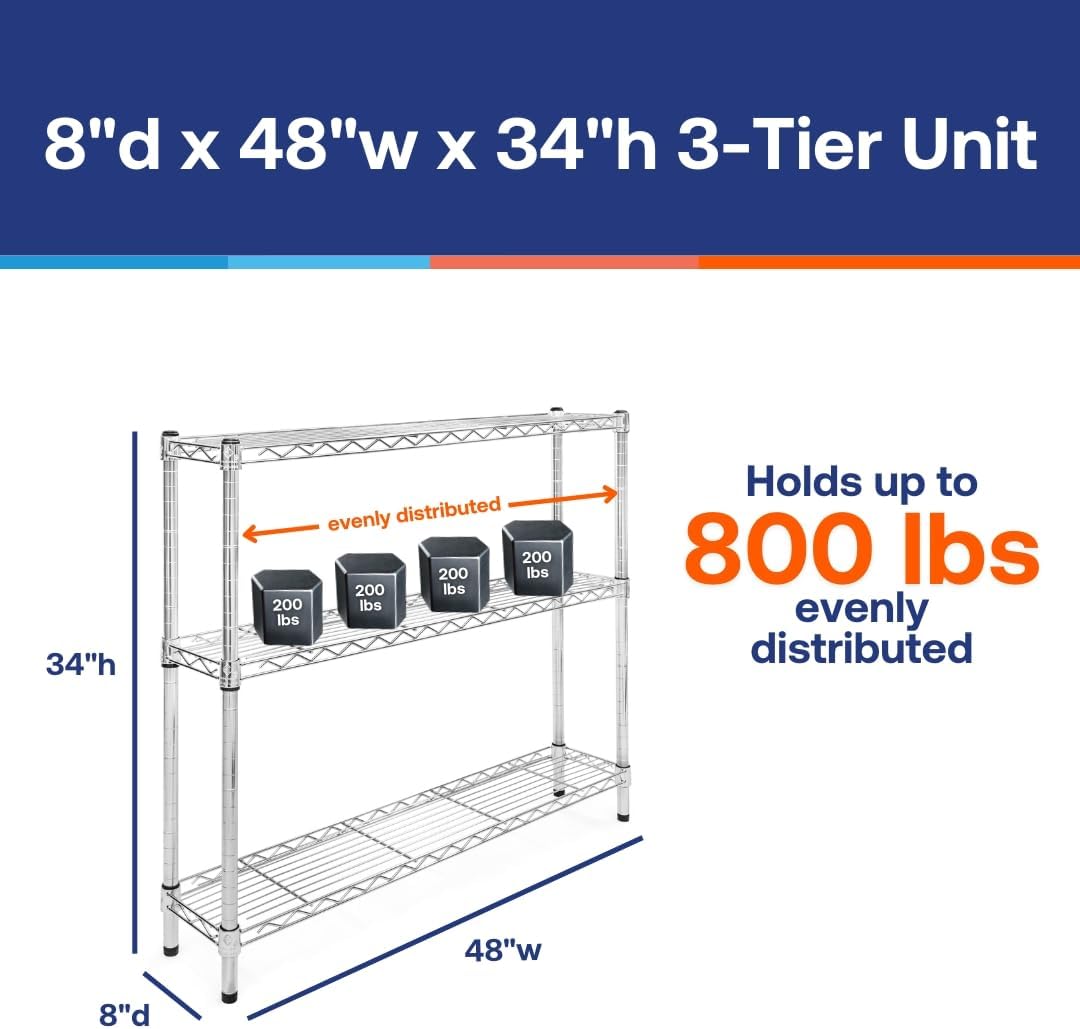 Shelving Inc. 8" d x 48" w Chrome Wire Shelving with 3 Tier Shelves, Weight Capacity 800lbs Per Shelf