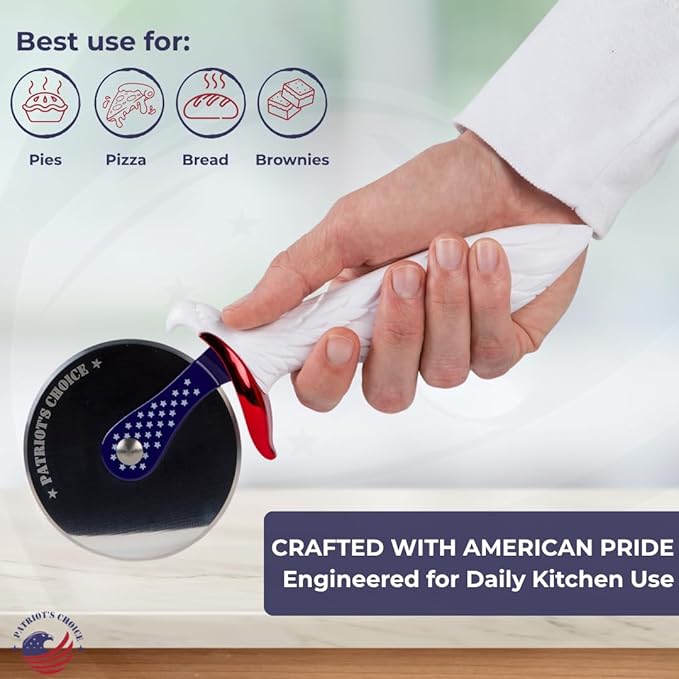 Patriot's Choice American Eagle Stainless Steel Pizza Cutter Wheel – Ultra Sharp with Built-In Finger Guard - Patriotic Kitchen Tools & Pizza Accessories Gift for Men - Dishwasher Safe 10"