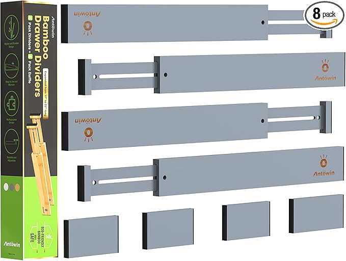 ANTOWIN Bamboo Drawer Dividers Organizers, Expandable Drawer Separators Splitter,17-22 inches Long Adjustable Spring-loaded Organizer for Large Utensil, Clothes, Tools Drawers (Grey)