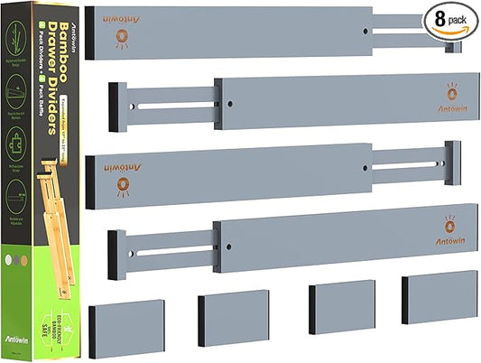 ANTOWIN Bamboo Drawer Dividers Organizers, Expandable Drawer Separators Splitter,17-22 inches Long Adjustable Spring-loaded Organizer for Large Utensil, Clothes, Tools Drawers (Grey)