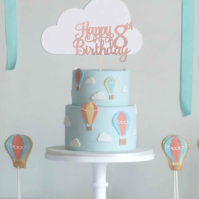 1 PCS Happy 8th Birthday Cake Topper Glitter Cheers to 8 Years Cake Pick Number 8 Fabulous Cake Decoration for 8th Birthday Party Decorations Supplies Rose Gold
