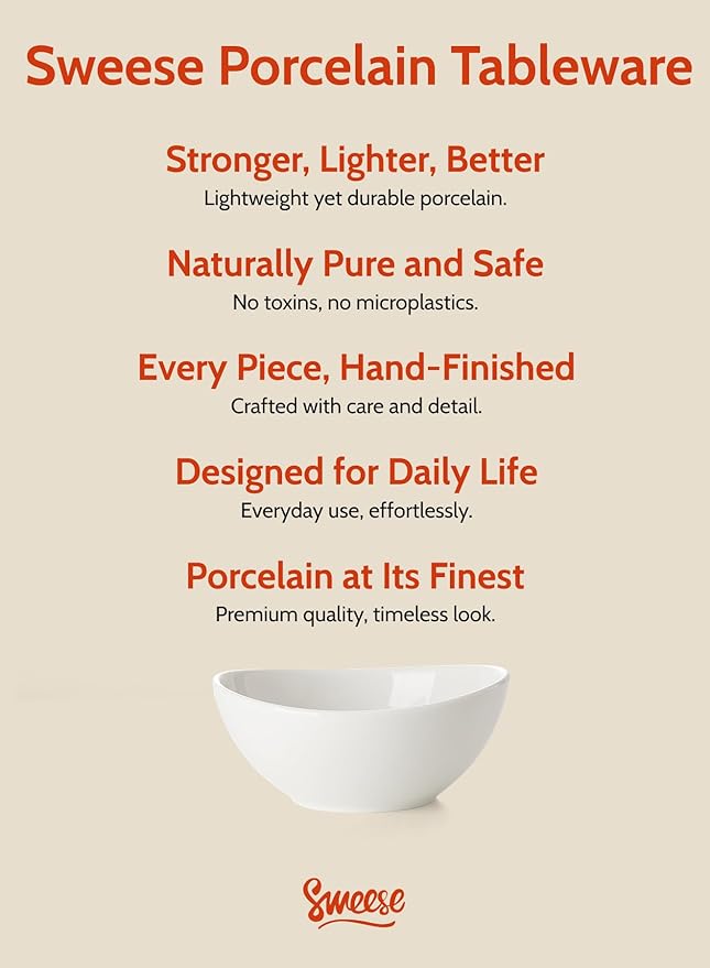 Sweese Porcelain Bowls Set - 6 Pack, 5 Inch, 10 oz for Desserts, Soup, Rice, Microwave Dishwasher Safe, White