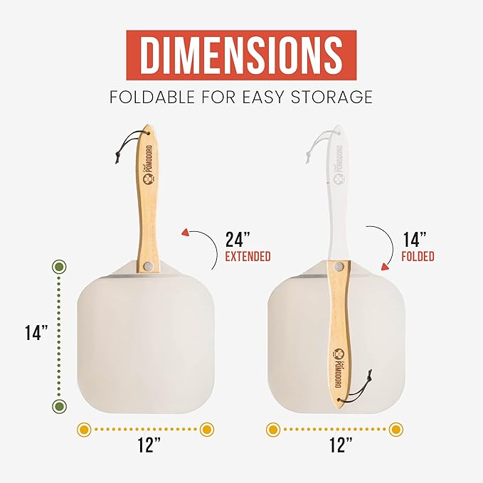 Chef Pomodoro Aluminum Metal Pizza Peel with Foldable Wood Handle for Easy Storage, Pizza Spatula, Gourmet Luxury Pizza Paddle for Baking Homemade Pizza Bread (12 x 14 inch + 14 inch Cutter)