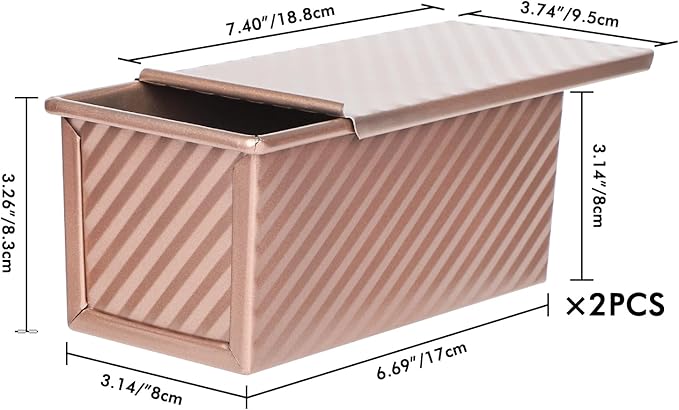 Beasea Pullman Loaf Pan With Lid, 2 Pack 0.5 lb Small Non-Stick Carbon Steel Mini Toast Box for Homemade Bread Oven Baking - Rose Gold