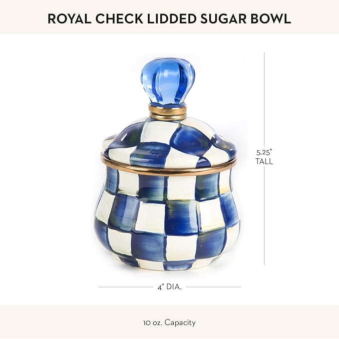 MACKENZIE-CHILDS Enamel Lidded Sugar Bowl, Small Serving Bowl with Lid, 10-Ounce Capacity, Blue-and-White Royal Check