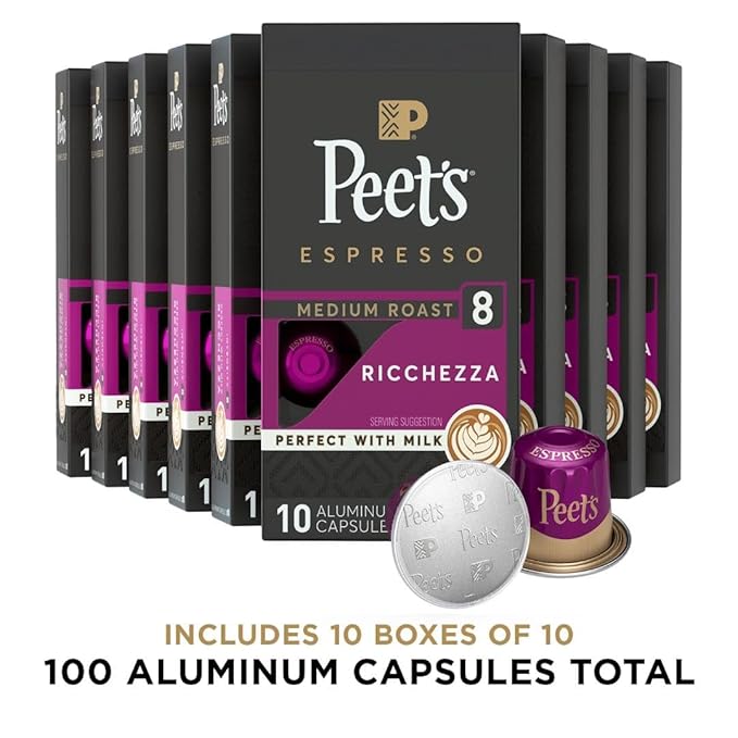 Peet's Coffee, Medium Roast Espresso Capsules, Compatible with Nespresso Original Machine - Ricchezza Intensity 8, 100 Count (10 Boxes of 10 Espresso Capsules)