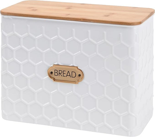 NIKKY HOME Extra Large Space Saving Farmhouse White Bread Box With Bamboo Lid - Holds 2 Loaves - Vertical Breadbox Bread Storage Bin Holder for Kitchen Countertop, Honeycomb Embossed Pattern