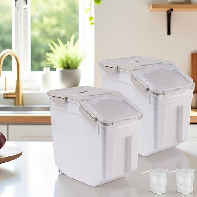 Airtight Flour Storage Container Bin 50lbs (2 Pack) - BPA Free Rice & Food Dispenser with Locking Lid, Measuring Cup & Scoop - Kitchen Pantry Organizer for Cereal, Grain, Pet Food (Grey)