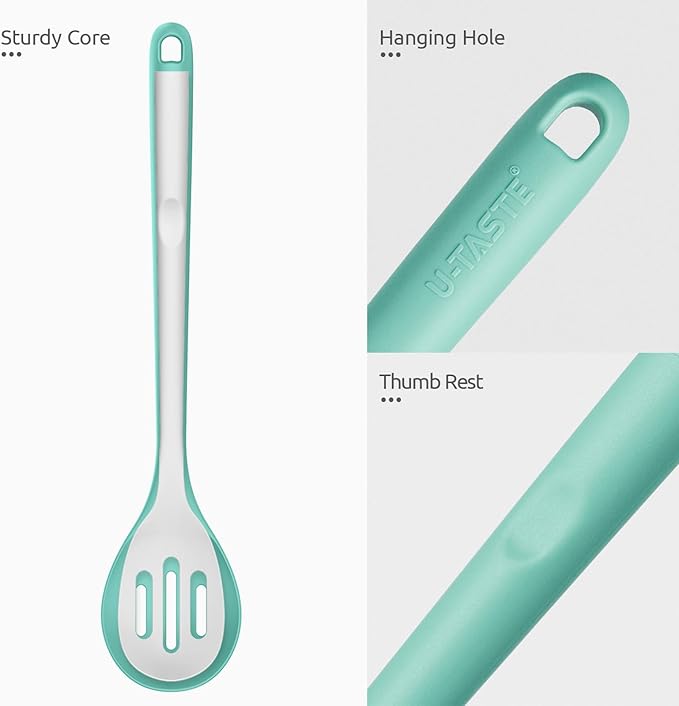 13.3" Slotted Cooking Spoon: U-Taste 600ºF Heat Resistant Kitchen Mixing Spoon, Food Grade Nonstick Long and Large Rubber Soup Utensil for Serving, Stirring, Basting, for Pot Cookware (Aqua Sky)