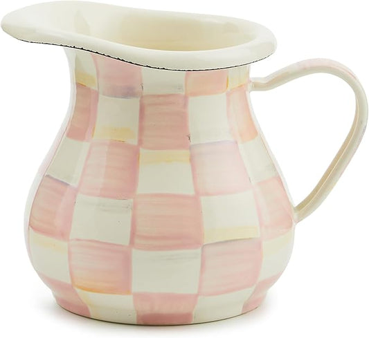 MACKENZIE-CHILDS Enamel Creamer, Creamer Dispenser with Pour Spout, Kitchen Enamelware, Pink-and-White Rosy Check