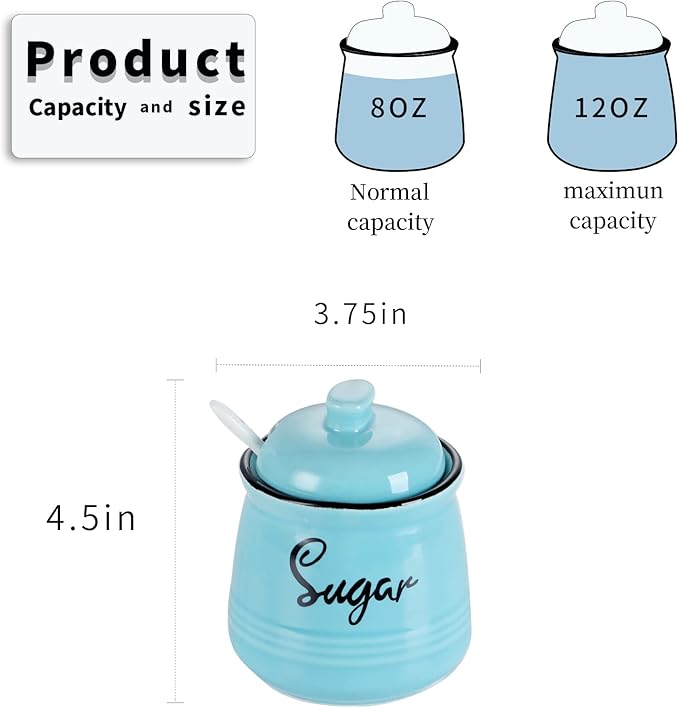 HAOTOP Farmhouse Porcelain Sugar Bowl with Lid and Spoon 12oz,Easy to Clean (Turquoise)
