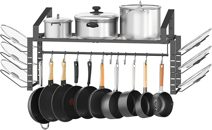 27-Inch Kitchen Pan Pot Rack Wall Mounted-Hanging Pots and Pans Organizer with 12 Hooks and 6 Pot Lid Holders,Heavy Duty Steel Pot and Pan Hanger for Cookware Utensils Storage,Screw-Upgraded Version