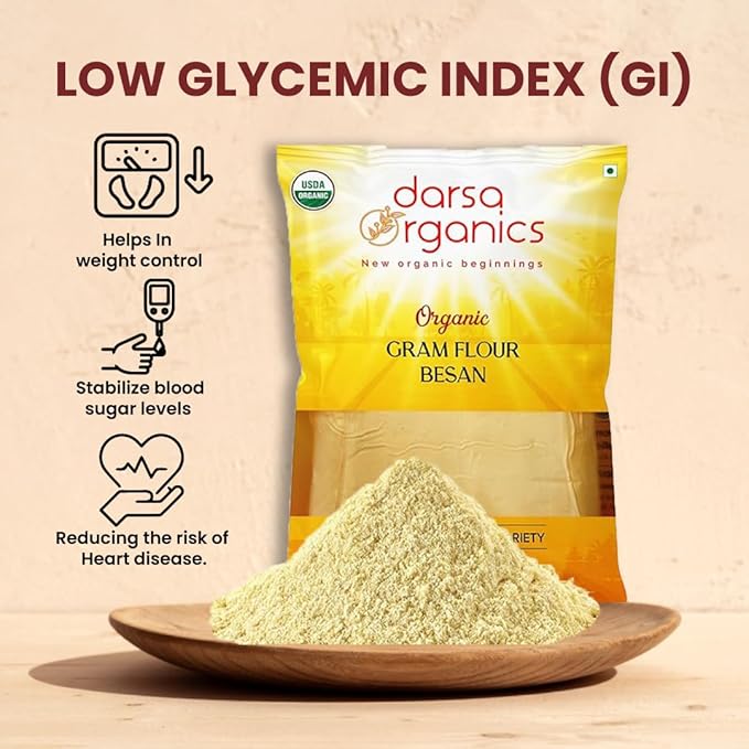 Darsa Organics Gram Flour - 2 lb Besan Flour, USDA Organic, Chemical Free, Non-GMO, Kosher, Premium Chickpea Flour for Cooking & Skin Care, Ideal for Gluten Free Diets & Face Masks