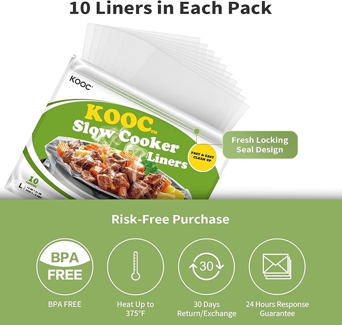 KOOC Slow Cooker Liners 13x21 inch 10 Count Large Size Disposable Pot Liners Cooking Bags Fit 3QT to 8.5QT Pot BPA Free Fresh Locking Seal Design