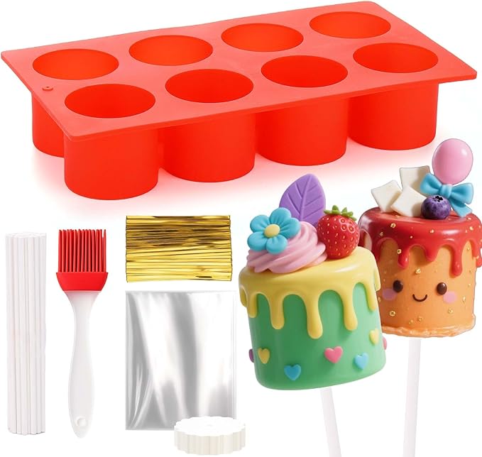 Juome Circle Cake Pop Mold Kit, 8 Cavities Cakesicle Molds Silicone with 100 Sticks & 100 Packaging Bags, Round Cake Pop Maker Supplies Accessories, Baking Tools for Home Baking Desserts