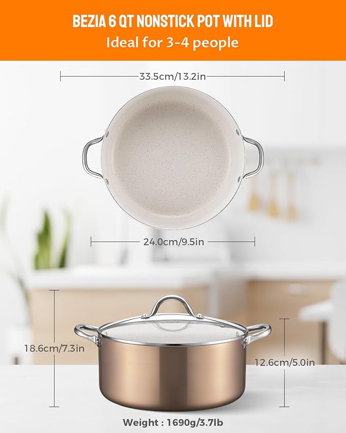 BEZIA 6 Quart Nonstick Stock Pot with Lid, Induction Cooking Pot Pot for All Stovetops, Non-toxic and Oven Safe, PFOA PFAS Free, Golden