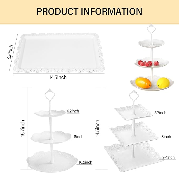 10 Pcs Cake Stand White Plastic Dessert Table Display Set 4 Pcs 3 Tired Cupcake Stand Cookie Tray Rack Serving Tray Cake Display Tower and 6 Pcs Dessert Trays for Wedding Baby Shower Tea Party