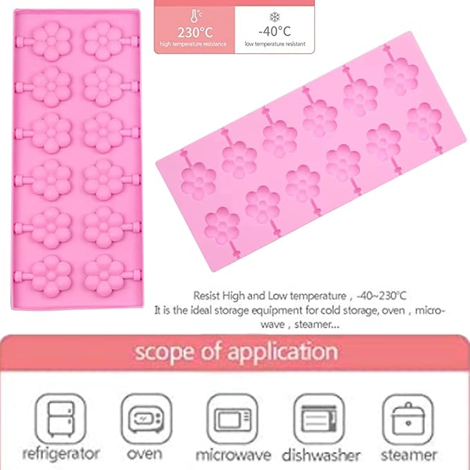 12 Capacity Silicone Lollipop Mold Set, Sucker Molds and Chocolate Hard Candy Mold with 50pcs Lollipop Sucker Sticks, Candy Treat Bags, Gold Ties. (Flower)