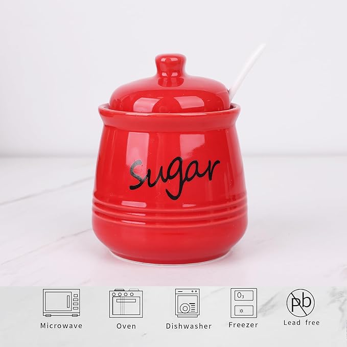 HAOTOP 12oz Sugar Bowl with Lid and Spoon,Ceramic Sugar Jar Sugar Dispenser Sugar Container Coffee Bar Accessories, Kitchen Countertop Canisters, Red