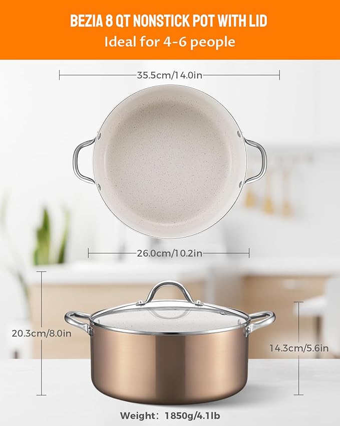 BEZIA 8 Quart Nonstick Stock Pot with Lid, Induction Cooking Pot, Soup Pot for All Stovetops, Non-toxic and Oven Safe, PFOA PFAS Free, Golden