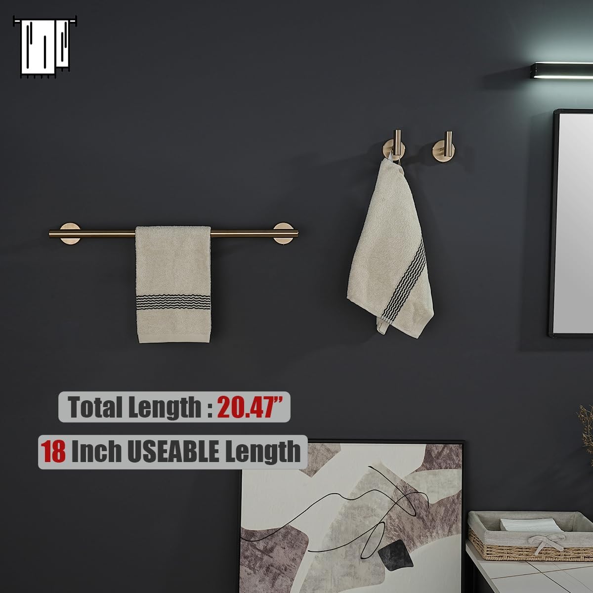 JQK Champagne Bronze Towel Bar, 20.5 Inch 304 Stainless Steel Thicken 0.8mm Towel Rack Bathroom, Towel Holder Wall Mount, Useable Length 18 Inch, TB110L18-CB