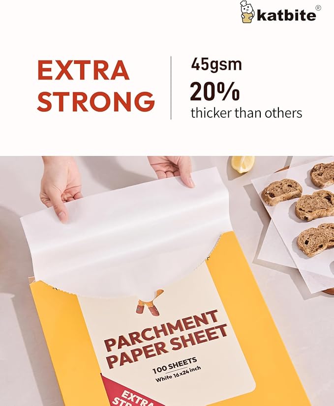 Katbite 16x24 inch Heavy Duty Parchment Paper Sheets, 100Pcs Precut Non-Stick Full Parchment Sheets for Baking, Cooking, Grilling, Frying and Steaming, Full Sheet Baking Pan Liners [Advanced Series]