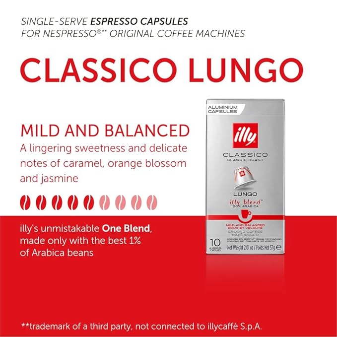 illy Aluminum Espresso Capsules - Compatible with Nespresso Machines - Classico Lungo Roast Coffee - Mild & Balanced - Notes Of Caramel, Orange Blossom & Jasmine - 10 Count (Pack of 10)