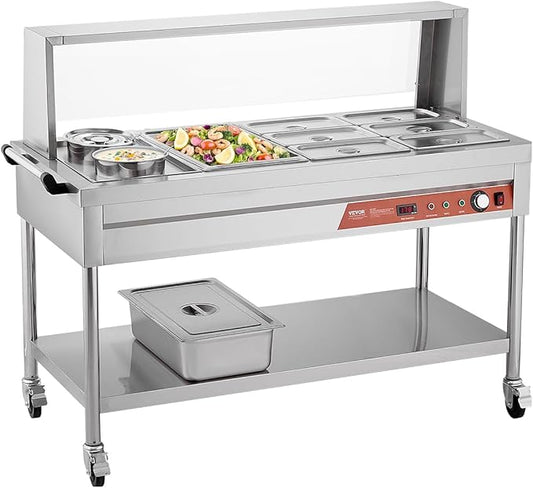 VEVOR Commercial Food Warmer, 7 Pans + 2 Pots Electric Steam Table, 1800W Professional Buffet Catering Food Warmer with Shield Undershelf Wheels, Stainless Steel Server for Party Restaurant Hotel