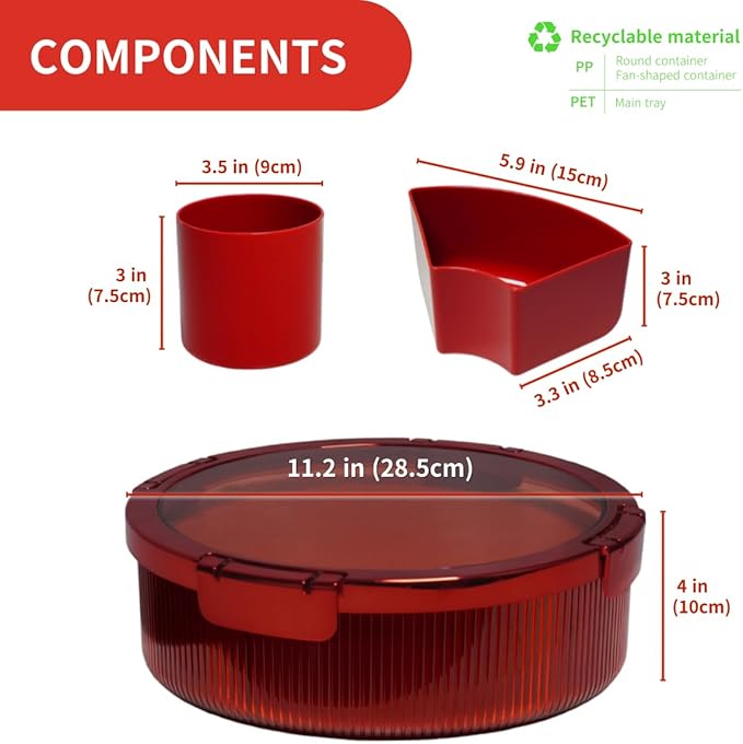 Snackle Box Container, Round Divided Serving Tray with lid 6parts (Red) for Veggie, Candy and Nuts Organizer, Snackle Charcuterie Boxes for Travel, Party and Picnic