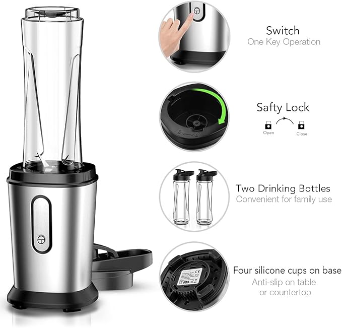 Electric Smoothie Blender, Powerful Small Blender with 2 Portable 20oz Tritan blender Bottles, BPA-Free Personal Blender with 4 Stainless Steel Blades, Mixer Smoothie Maker for Shakes and Smoothies