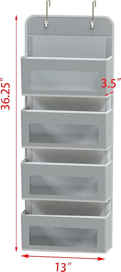 Simple Houseware 4 Clear Window Pocket Over Closet Door Storage Hanging Organizer for Bedroom, Bathroom, Pantry, Gray