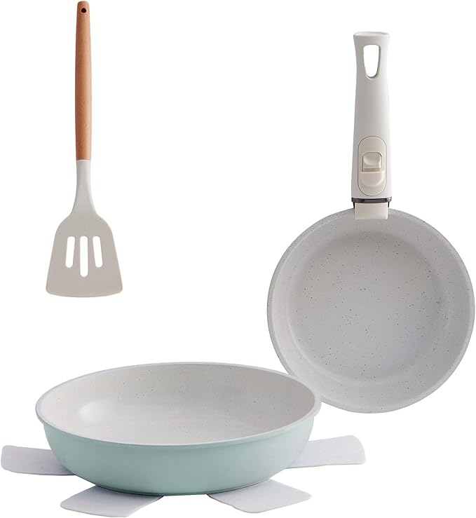 5 Piece Ceramic kitchen Cookware Set,Nonstick Pots and Pans with Removable Handles Stackable Camping Cookware Dishwasher&Oven Safe Frying Pan Green