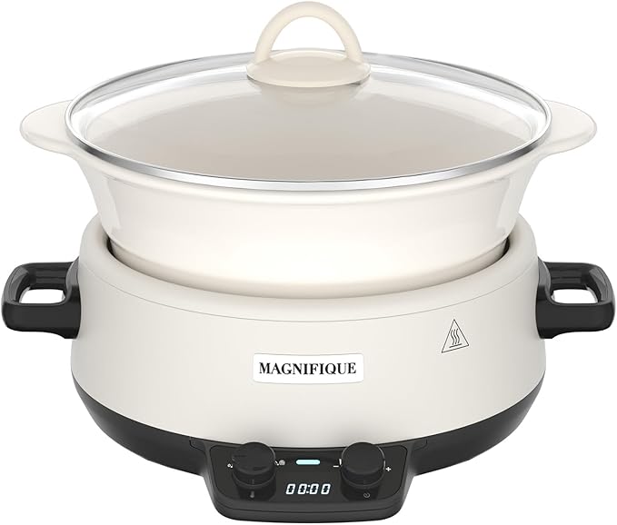 MAGNIFIQUE 5 Quart Programmable Slow Cooker with Auto Warm Setting, Glazed Ceramic Liner, Kitchen Small Appliance for Family Dinners, White