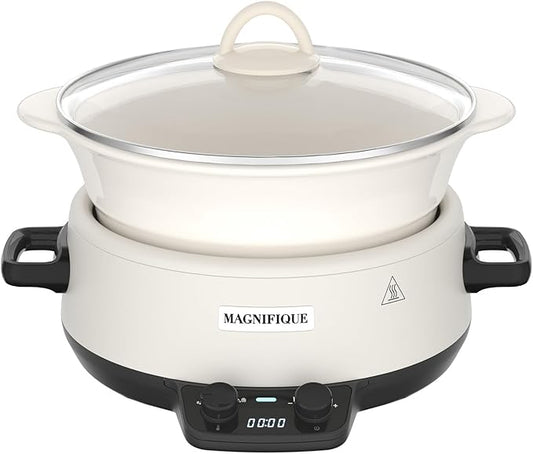 MAGNIFIQUE 5 Quart Programmable Slow Cooker with Auto Warm Setting, Glazed Ceramic Liner, Kitchen Small Appliance for Family Dinners, White