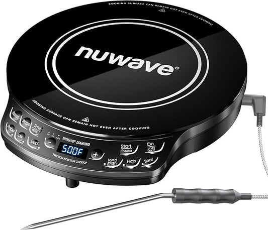 Nuwave Portable Induction Cooktop Diamond with Probe, Advanced Countertop Burner, 91 Temps from 100°F to 500°F, 12”Shatter-Proof Ceramic Glass & 6.5”Heating Coil, Ideal for RV Camp,Small Apt,Travel
