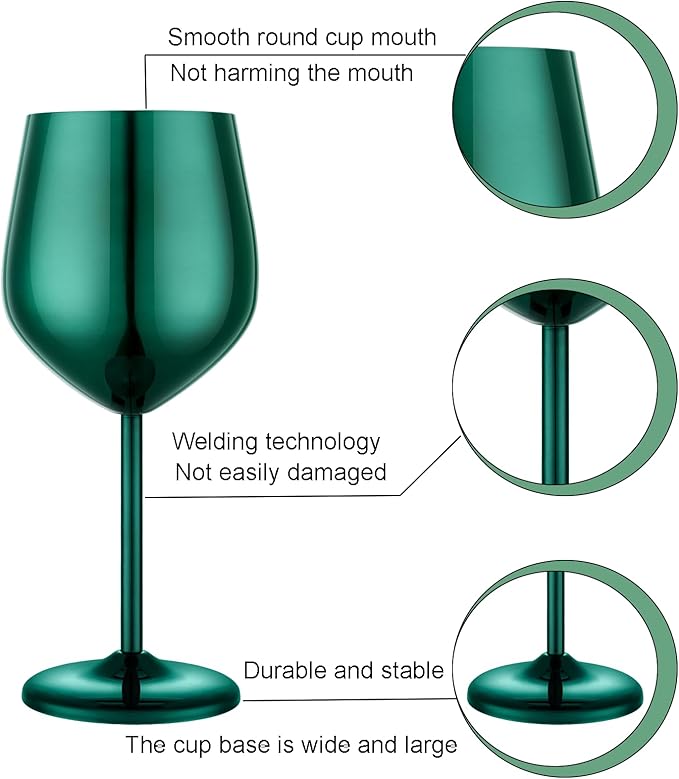 Stainless Steel Wine Glasses Set of 2, 18 oz Unbreakable Green Wine Glass Unique Metal Wine Goblets for Outdoor Capming and Pool Gift for Wine Lovers