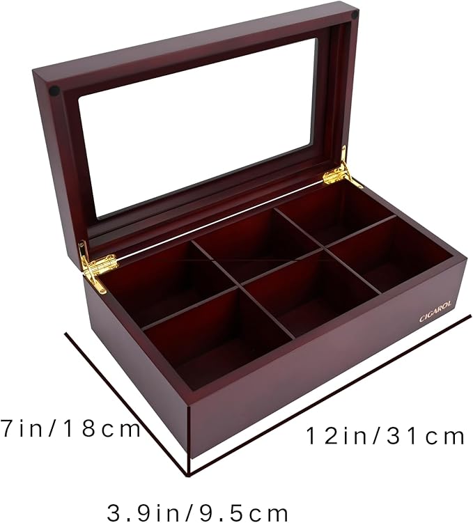 CIGAROL Luxury Wooden Tea Box Organizer – 6 Compartment Storage Chest with Scratch-Resistant Glass Lid – Ideal for Tea Bags, Coffee Pods, Spices, or Office Supplies