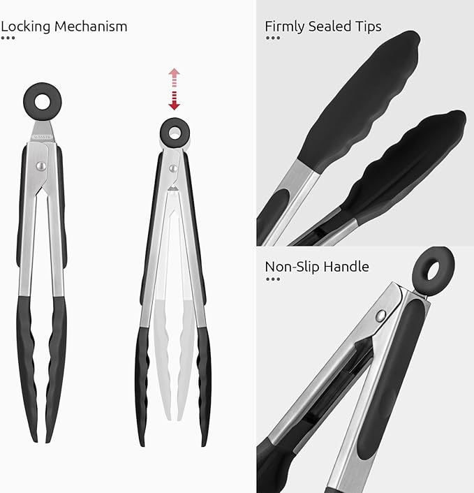 480ºF Heat Resistant Kitchen Tong: U-Taste 7 inch Silicone Cooking Tong with Firm Sealed Non Stick Rubber Tips & Silicon Coated 18/8 Stainless Steel Handle & Smooth Locking for Serving Salad (Black)