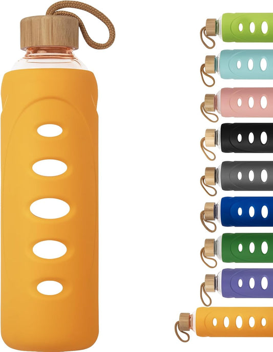 Sport 32oz Glass Water Bottle 1000ml /1 liter Borosilicate Glass Water Bottle Reusable Waterbottle Jugwith Silicone Sleeve and Unique Lid (Orange