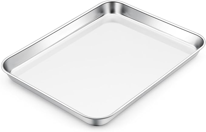E-far Toaster Oven Tray, 10.5”x8.3” Stainless Steel Small Baking Cookie Sheet, Compact Non-toxic Metal Baking Pan for Cake, Healthy & Rust Free, Mirror Finish & Dishwasher Safe, 1 Pack