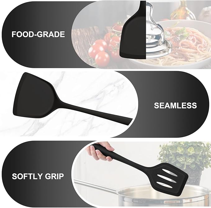 TeamFar Silicone Spatulas, 2pcs Solid & Slotted Cooking Turner for Non-stick Cookware, Kitchen Utensils for Flipping/Frying, Healthy & Seamless, Heat-Resistant & Non-Scratch, Dishwasher Safe, Black