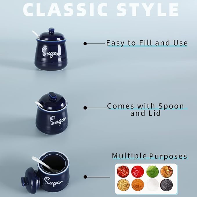 HAOTOP Farmhouse Porcelain Sugar Bowl with Lid and Spoon 12oz,Easy to Clean (Navy)