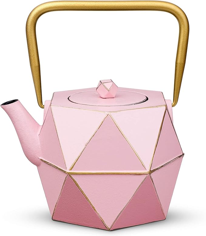 Toptier Cast Iron Teapot, Stovetop Safe Japanese Cast Iron Tea Kettle, Diamond Design Tea Pot with Removable Infuser for Loose Tea, 40 Ounce (1200 ml), Pink