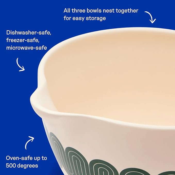 Great Jones Stir Crazy (Classic) | 3-Piece Stackable Ceramic Mixing Bowl Set | Dishwasher, Freezer & Microwave-Safe | Perfect for Baking, Serving & Mixing | Nesting Design for Easy Storage