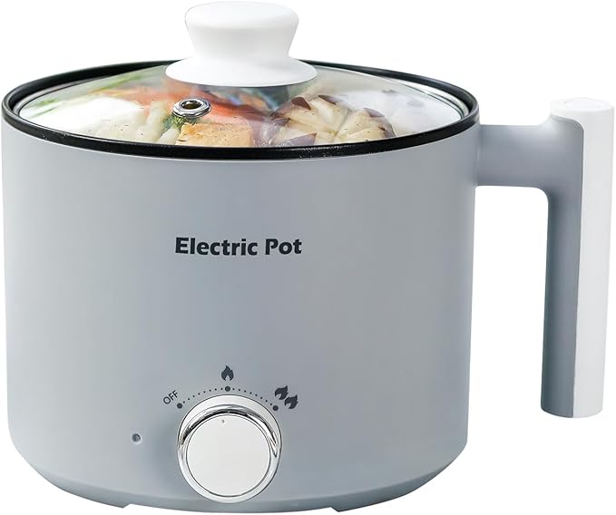 Electric Hot Pot:1.5 L Ramen Cooker, Dual Power Mini Portable Multi-Functional Lazy Pot for Pasta, Noodles, Egg, Soup, Non-Stick Noodle Cooker with Boil Dry Protection for Dorm, Office (Grey)