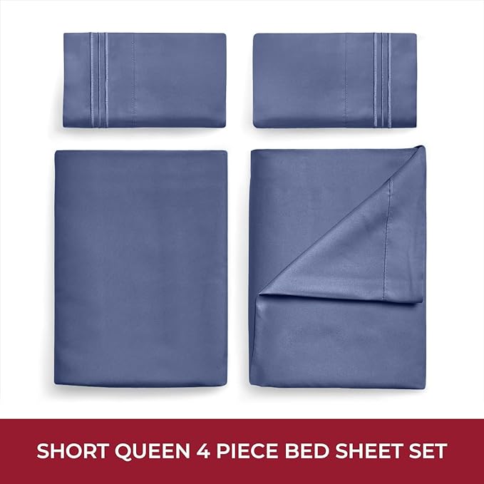 Mellanni RV Short Queen Sheets - 4 PC Iconic Collection Bedding - Hotel Luxury, Extra Soft, Cooling Bed Sheets - Deep Pocket up to 10 inch (RV/Short Queen, Blue Nova)